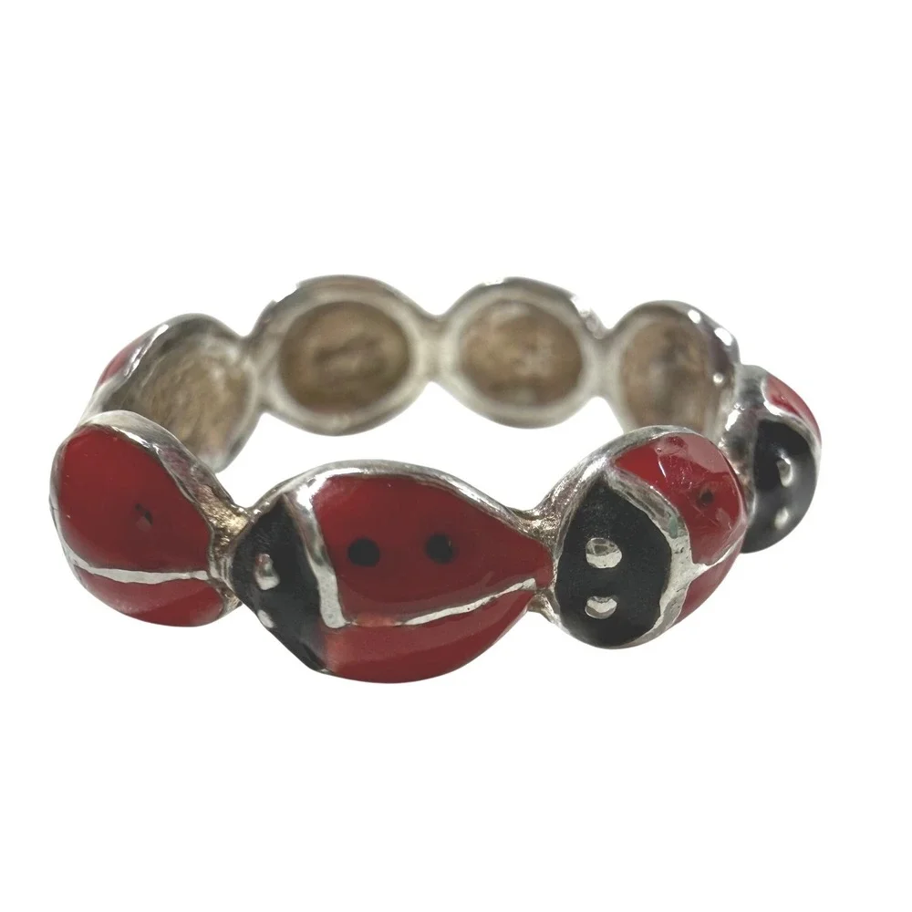 DELIAS Y2K 2000s Teen LADYBUG Red Black Enamel Band Ring Silver Tone Sz 5.25
